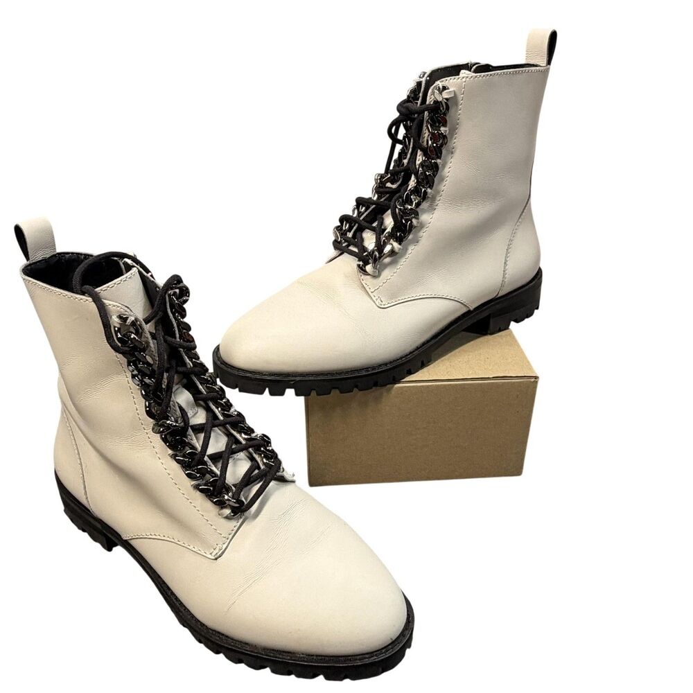 Rebecca Minkoff Boots Womens Size 9.5 White Leather Combat Ankle Zip Lug Chain